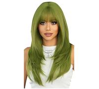 Blmirror Peluca Larga Recta Peluca Sintética Verde con Flequillo en Recta Medio Larga Anti-Corazón Mujer Fiesta Cospaly Peluca (24 Pulgadas)