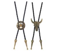 BLNC Juego de 2 corbatas bolo de cuero, cadena con estrella Texas Ranger y cráneo de vaca para hombre estilo western (Oro)