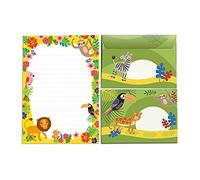 Bloc de cartas con sobre para niños, animales, perezoso, loro, león, mono, juego de papel de carta (bloc A5 con 25 hojas + 15 sobres)
