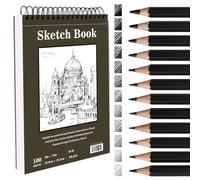 Bloc de Dibujo A4 de 200g/m² para Artistas, 12 lápices de Dibujo, Cuaderno de Bocetos con Espiral, 100 Hojas (200 Páginas), Tamaño Grande (9 x 12 Pulgadas), Para Lápiz, Bolígrafo y Carbón