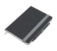 Bloc de notas A5 con bolígrafos - SLIMPAD - banda elástica, bucle para bolígrafo, marcapáginas - para reuniones, tareas pendientes, agenda - papel FSC - polipiel, metal - negro - TROIKA Original