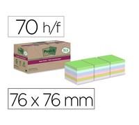 Notas Post-it Super Sticky 100% recicladas, colores variados, 76 mm x 76 mm, 70 hojas/bloc, 14 blocs/paquete + 4 GRATIS