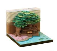 Bloc de notas de escritorio 3D, bloc de notas de casa del árbol con luz LED: bricolaje tallado en papel arte arte arte creativo arrancable para todas las edades (verde)