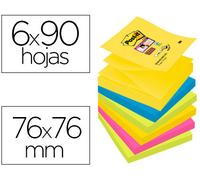Bloc de Notas Post-It Super Sticky 76X76 mm con 90 Hojas (6 Blocs) Colores Surtidos Colección R