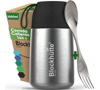 Blockhütte Fiambrera Termica 1 Litros de acero inox - Con Cepillo y Cuchara - Termo para Comida Caliente até 14 h - Fiambrera Termica para adultos y niños - Recipientes Termicos - negro