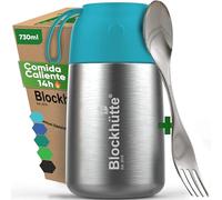 Blockhütte Termo Comida Caliente de acero inox 730ml - Con Cepillo y Cuchara - Termo para Comida Caliente até 14 h - Fiambrera Termica para adultos y niños - Recipientes Termicos - turquesa