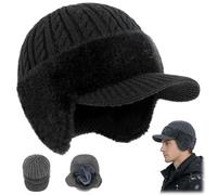 Blocking Knitted Hats with Ear Flaps and Wool Brim,Winter Warm Soft Fleece Lined Windproof Cozy Head Beanie for Men (Black)