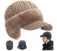 Blocking Knitted Hats with Ear Flaps and Wool Brim,Winter Warm Soft Fleece Lined Windproof Cozy Head Beanie for Men (Khaki)