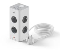 Bloco Tomada Ewent EW3864 Power Tower 8 Tomadas Schuko 16A + 2 USB-A + 2 USB-C 2m Branca/Gris