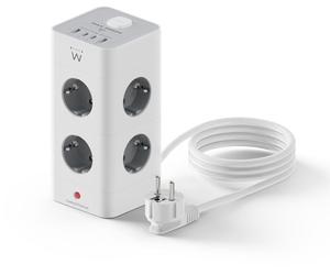 Bloco Tomada Ewent EW3864 Power Tower 8 Tomadas Schuko 16A + 2 USB-A + 2 USB-C 2m Branca/Gris