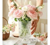 BLOFLO Florero de Cristal en Relieve, 18 cm, de Cristal, Pedestal con Base Grande, jarrón de Vidrio, jarrón Transparente hidropónico para el hogar, Oficina, Boda, Mesa de Comedor y Fiesta (patrón de