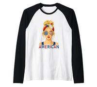 Blond American Girl America Flag American Girlfriend Wife Camiseta Manga Raglan
