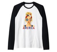 Blond American Girl America Flag American Girlfriend Wife Camiseta Manga Raglan
