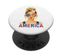 Blond American Girl America Flag American Girlfriend Wife PopSockets PopGrip Adhesivo