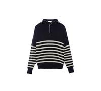 Blonda Jersey de Punto a Rayas con Media Cremallera y Solapa de pie acrílico Azul Marino Blanco Lana Talla M/L Suéter, Mujer