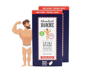 Blondépil Homme - Crema depilatoria hombre genitales en la ducha, Zona Íntima, Rápida y Eficaz, Apta para pieles sensibles, Hecha en Francia, Incluye guante multi-zonas, 100ml, lote de 2