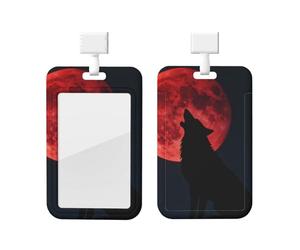 Blood Moon Wolf - Soporte para tarjetas de identificación con cordón, protector vertical para tarjetas, carcasa rígida de ABS transparente, carrete retráctil para trabajo y oficina