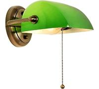 BLOOHK Vintage Banker’s Lamp Wall Sconce, Classic Green Glass Shade with Pull Chain Switch, Antique Brass Retro Reading Light for Home Office, Study
