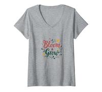 Bloom & Grow Floral Inspirador Camiseta Cuello V, Mujer, Gris Jaspeado, XL