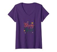 Bloom & Grow Floral Inspirador Camiseta Cuello V, Mujer, Morado, XL