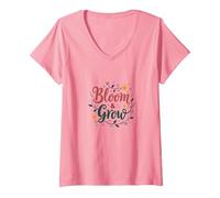 Bloom & Grow Floral Inspirador Camiseta Cuello V, Mujer, Rosado, XL