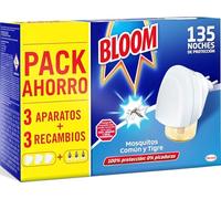 Bloom Insecticida Eléctrico Líquido Doble Eficacia (3 aparatos + 3 recambios), antimosquitos eléctrico eficaz contra el mosquito comun y tigre, 135 noches de protección