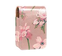 Blooming - Estuche portátil para pintalabios con fondo rosa floral para viajes, mini caja de almacenamiento de lápiz labial con espejo para mujeres y mujeres, bolsa de cosméticos de cuero, Varios colores, 9.5x2x7 cm/3.7x0.8x2.7 in