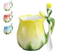 Blooming Rose Enamel Mug Set with Spoon & Saucer - 3D Floral Ceramic Coffee Cup,For Tea Breakfast Vintage Style Milk Cereal Bowl,Pastoral Decor Rose Flower Shape Teacup (yellow)