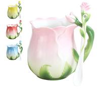 Blooming Rose Enamel Mug Set with Spoon & Saucer - 3D Floral Ceramic Coffee Cup,For Tea Breakfast Vintage Style Milk Cereal Bowl,Pastoral Decor Rose Flower Shape Teacup (red)