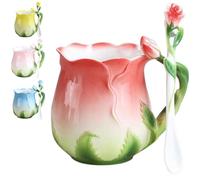 Blooming Rose Enamel Mug Set with Spoon & Saucer - 3D Floral Ceramic Coffee Cup,For Tea Breakfast Vintage Style Milk Cereal Bowl,Pastoral Decor Rose Flower Shape Teacup (blue)