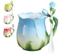 Blooming Rose Enamel Mug Set with Spoon & Saucer - 3D Floral Ceramic Coffee Cup,For Tea Breakfast Vintage Style Milk Cereal Bowl,Pastoral Decor Rose Flower Shape Teacup (pink)