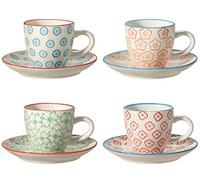 Bloomingville Emma Retro Expresso - Tazas de café con platillo (paredes gruesas, diámetro: 6 x 5,5 cm, S: diámetro de 11,5 cm, azul, naranja, verde, rojo, cerámica, 4 unidades, capacidad de aprox. 80 ml)