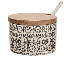 Bloomingville Maceta de sal con tapa y cuchara Karine Retro azucarero vintage para mermelada Ø 10 cm, gris, cerámica, capacidad de aprox. 250 ml