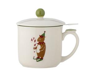 Bloomingville Valentin - Taza con tapa y colador de té (cerámica, 10 x 11 cm, 300 ml), color verde