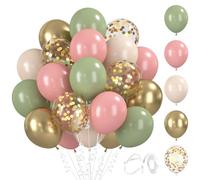 BlooMoo 60 Piezas Globos Verde Rosa, 12 Pulgadas Globos de Látex Verde Rosa y Dorado, Globo Metálico, Globo Confeti, para Cumpleaños Boda Fiesta Decoracion