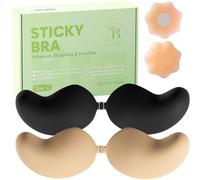 BLOOMORA Sujetador Adhesivo Push Up - Sujetador Invisible sin Tirantes y Espalda Descubierta, 2 Pares Sujetadores de Silicona con Clip + Pezoneras Adhesivas, Negro & Beige - Copa C