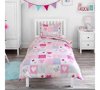 Bloomsbury Mill - Juego de Cama para niño - Funda nórdica y Funda de Almohada 135cm x 200cm - Diseño Patchwork de Corazones y Mariposas