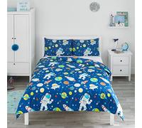 Bloomsbury Mill - Juego de Funda Nórdica Cama 105 para Niños y Niñas - Espacio Exterior, Cohetes y Planetas- Juego de Edredón Reversible y 2 Almohadas para Infantil - 200x200 cm - Azul
