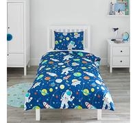 Bloomsbury Mill - Juego de Funda Nórdica Reversible para Niños y Niñas -Espacio Exterior, Cohetes y Planetas- Juego de Edredón Individual y Almohadas para Cama Infantil - 135 x 200 cm - Azul