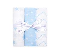 Bloomsbury Mill - Mantas de Muselina - 100% Algodón Orgánico Puro Estampado de Estrellas, Espiga y Lunares - Azul y Blanco - 120 cm x 120 cm - Juego de 3