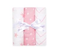 Bloomsbury Mill - Mantas de Muselina - 100% Algodón Orgánico Puro Estampado de Estrellas, Espiga y Lunares - Rosa y Blanco - 120 cm x 120 cm - Juego de 3