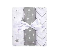 Bloomsbury Mill - Mantas de Muselina - 100% Algodón Puro Estampado de Estrellas, Espiga y Lunares - Gris y Blanco - 120 cm x 120 cm - Juego de 3