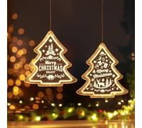 BLOOMWIN Decoración Luces Navidad Ventana - 2pc Cortina de Luces con Árbol de Navidad a Pilas - Guirnalda Luces Colgantes Navideñas para Ventana Interior Habitación Puerta - 21cm, Blanco Cálido