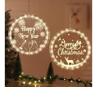 BLOOMWIN Decoración Luces Navidad Ventana - 2pc Cortina de Luces Feliz Navidad Año Nuevo a Pilas - Guirnalda Luces Colgantes Navideñas Ventana Interior Habitación Puerta - 21cm, Blanco Cálido