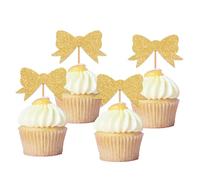 Blopee Decoración para cupcakes con lazo, decoración para cupcakes de princesa para fiesta de cumpleaños, 12 adornos dorados para cupcakes para despedida de soltera, baby shower, decoración de fiesta