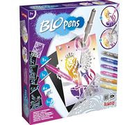 BLOPENS - Animales para personalizar metálico - Para niños desde 7 años - Kit de dibujos y colorear con rotuladores de soplar - Ocio creativo - 20 plantillas y 8 rotuladores - Lansay