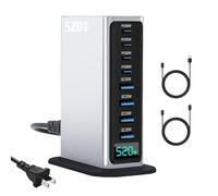 Bloque de carga USB C de 520 W, PD 100 W tipo C y USB A para laptop, adaptador de cargador de teléfono celular, 8 puertos GaN, estación de carga rápida, para MacBook Air/Pro, iPhone, iPad, consolas de