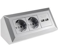 Bloque de enchufe de 2 veces + 2 USB, plata