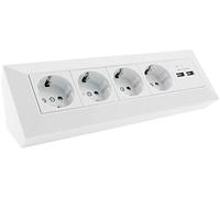 Bloque de enchufes de 4 vías + 2x USB, blanco, fácil de montar ya que el interior está precableado, montaje en superficie - ideal para encimeras y bancos de trabajo