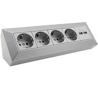 Bloque de enchufes de 4 vías + 2x USB, plateado, fácil montaje porque el interior está precableado, montaje en superficie - ideal para encimeras y bancos de trabajo
